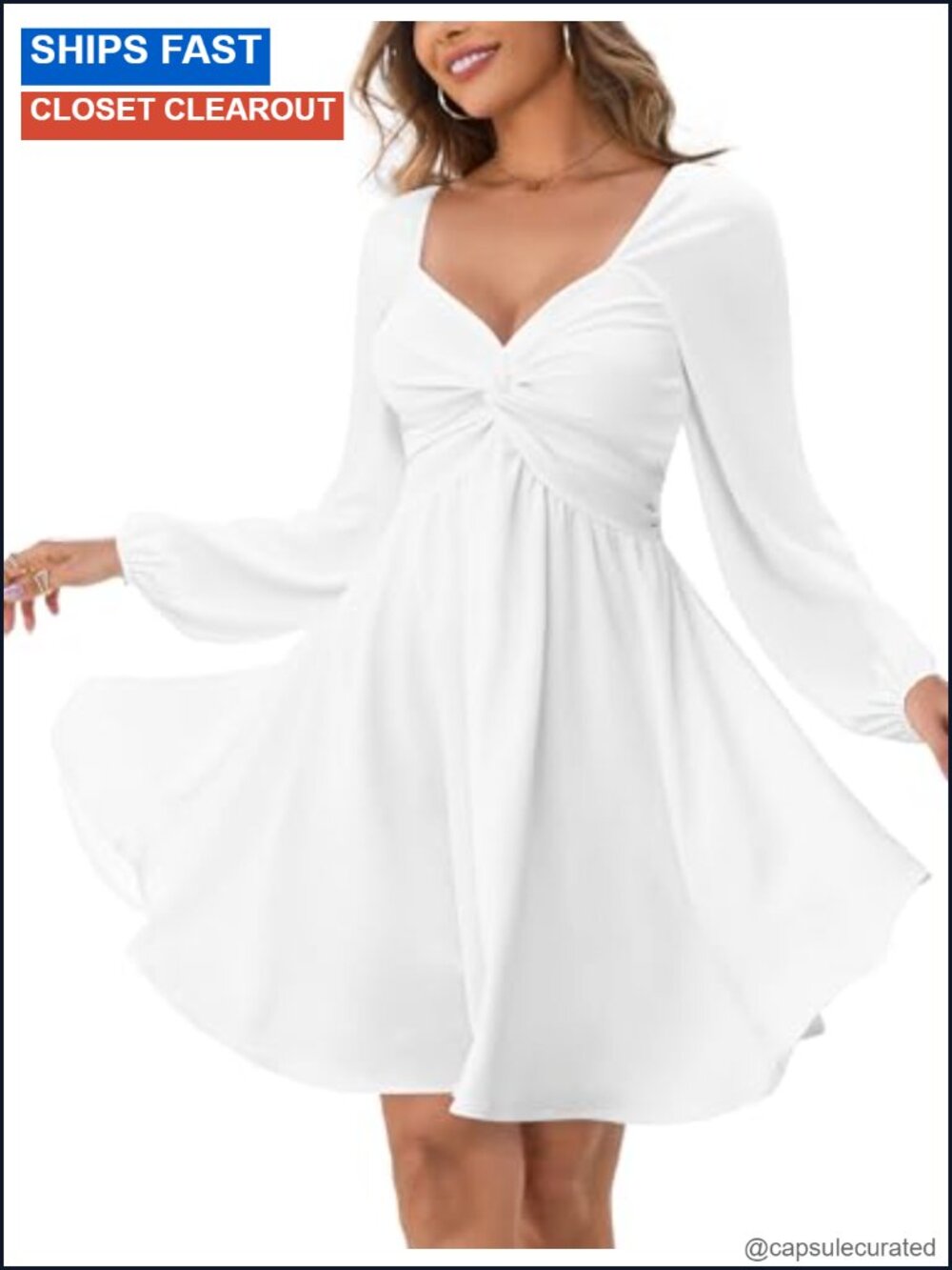Sweetheart Knot Front Mini Dress Lantern Sleeve Smocked Back A-Line Chiffon